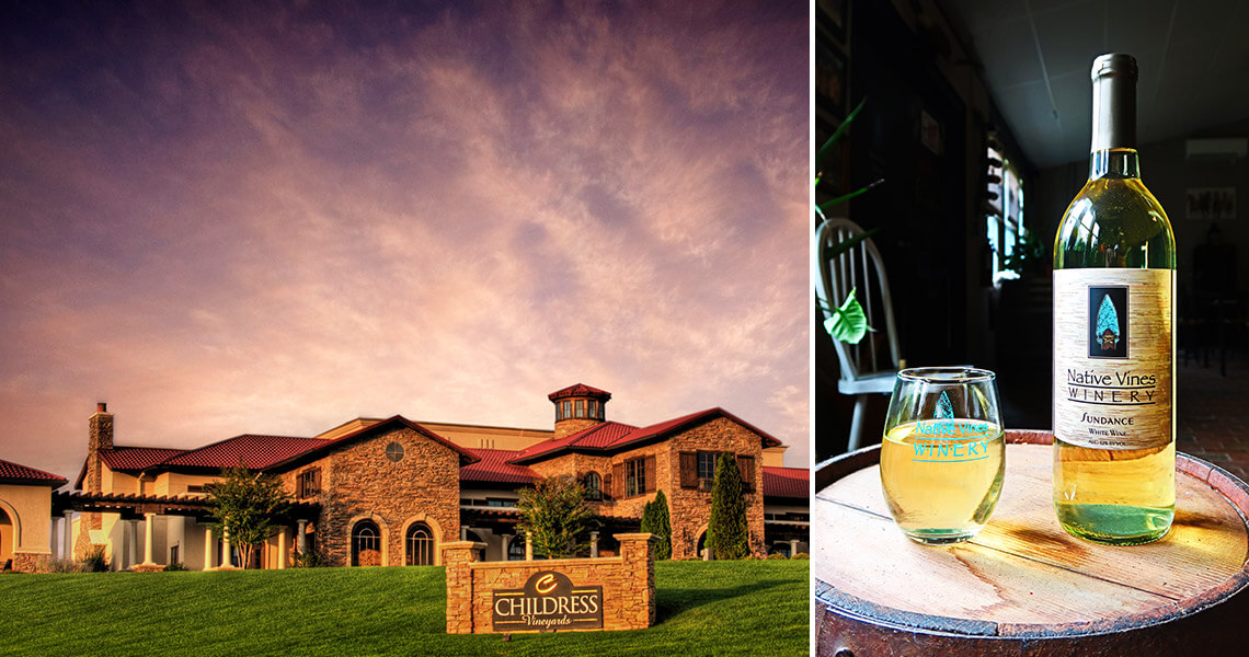 Childress Vineyards exterior; a bottle of Native Vines Winery wine and glass