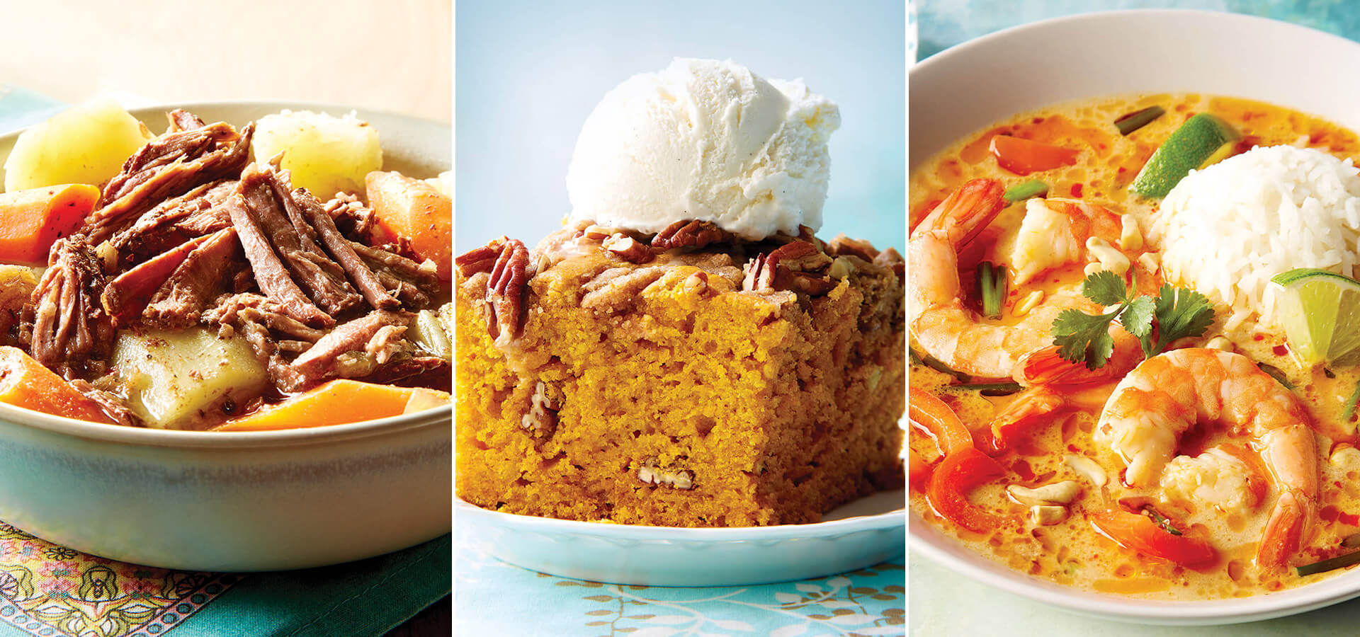 Sunday pot roast, hot honey crumb cake, and shrimp with red curry sauce