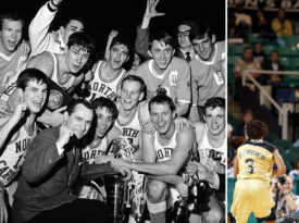 Black and white photo of Dean Smith and UNC basketball team in 1967; Duke guard Alana Beard