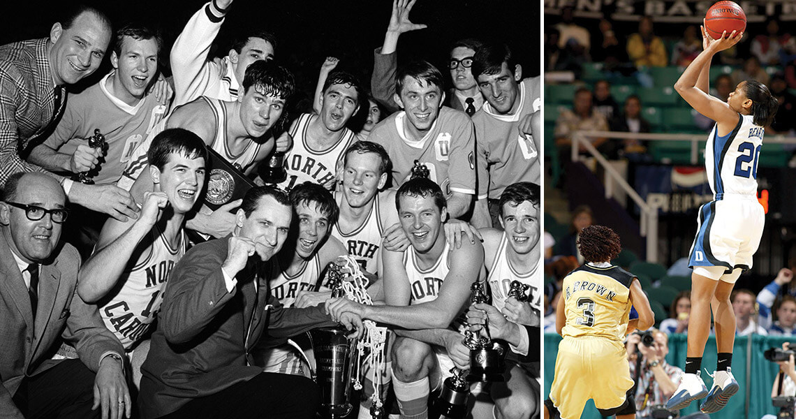 Black and white photo of Dean Smith and UNC basketball team in 1967; Duke guard Alana Beard
