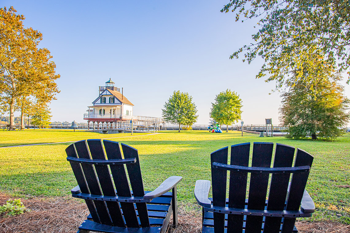 Adirondack chairs in Colonial Waterfront Park in Edenton