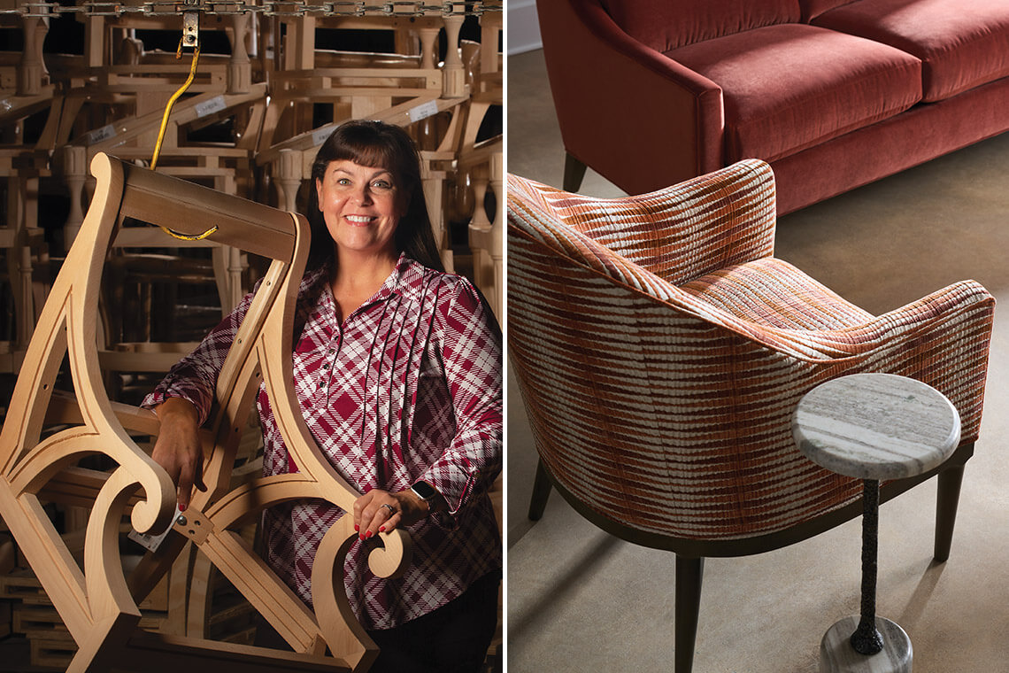 Lisa Thompson poses with a chair she's crafting at Fairfield