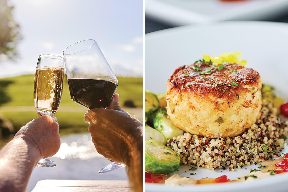 Wine and crab cake at Harvest Grill at Shelton Vineyards