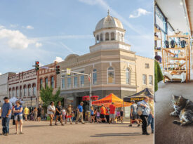 Downtown Marion and Biscuit the cat at the McDowell Arts Council