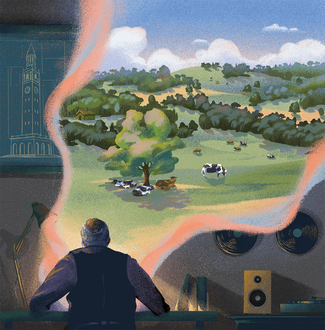 Illustration of Bland Simpson envisioning his Piedmont memoir