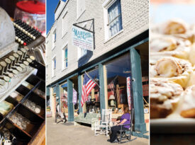 Old register, exterior, and cinnamon rolls at Madison Dry Goods and Country Store