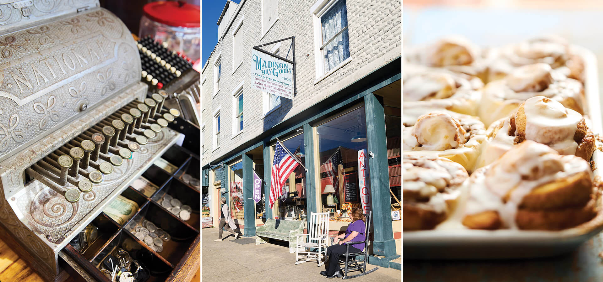 Old register, exterior, and cinnamon rolls at Madison Dry Goods and Country Store