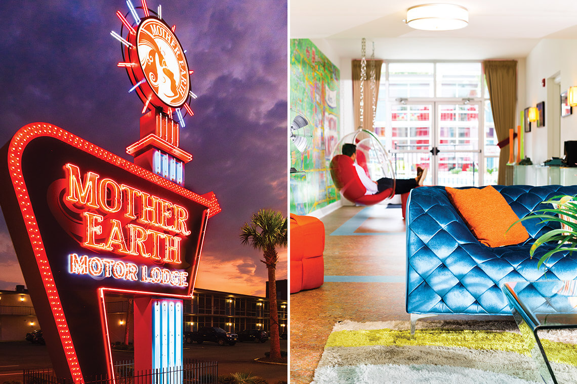The sign outside Mother Earth Motor Lodge and the mid-century lobby inside