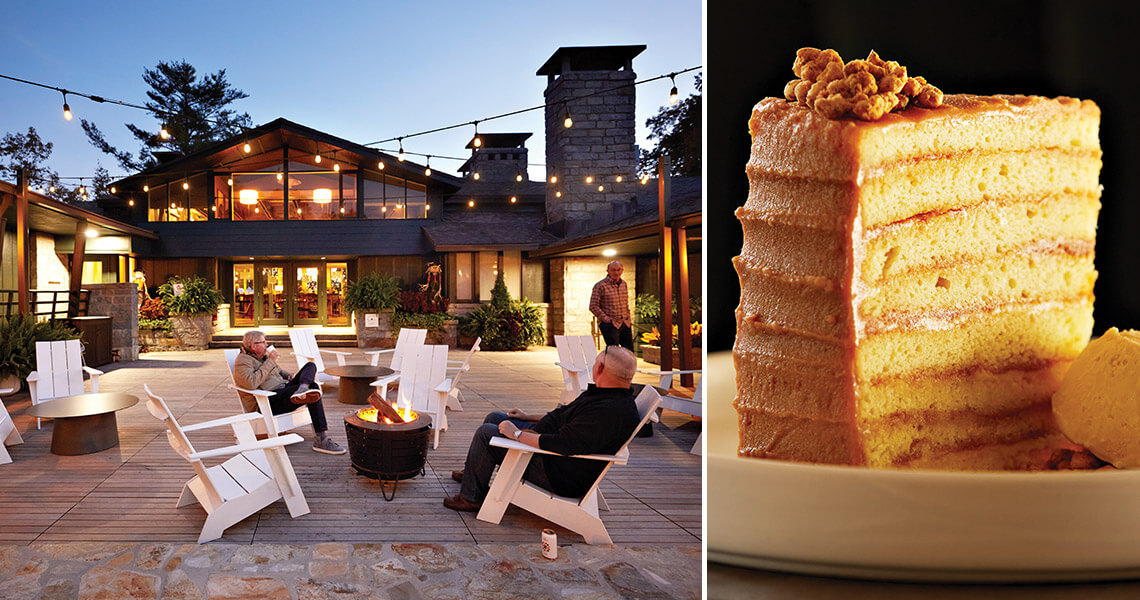 The courtyard at the Skyline Lodge and the layered caramel cake