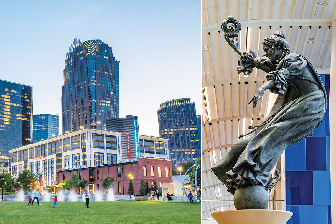 Uptown Charlotte and statue of Queen Charlotte in the Charlotte Douglas International Airport