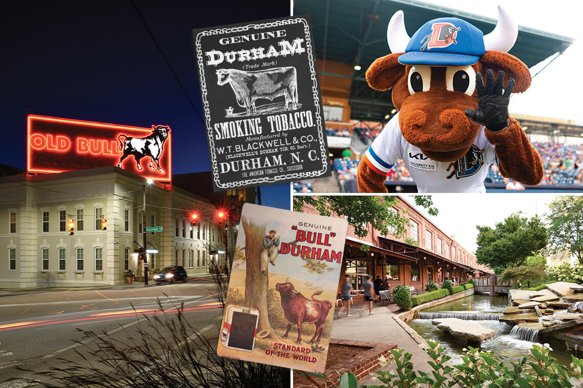 he Old Bull Building; Wool E. Bull; American Tobacco Campus; vintage advertisements for Genuine Durham Smoking Tobacco.