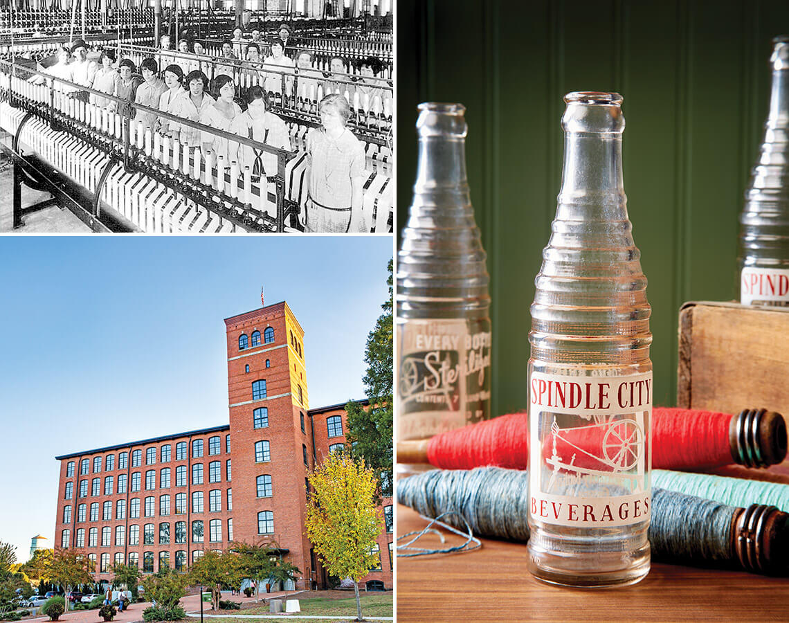 Loray Mills in early 1900s, glass bottle labeled Spindle City Beverages, and Loray Mill Lofts exterior