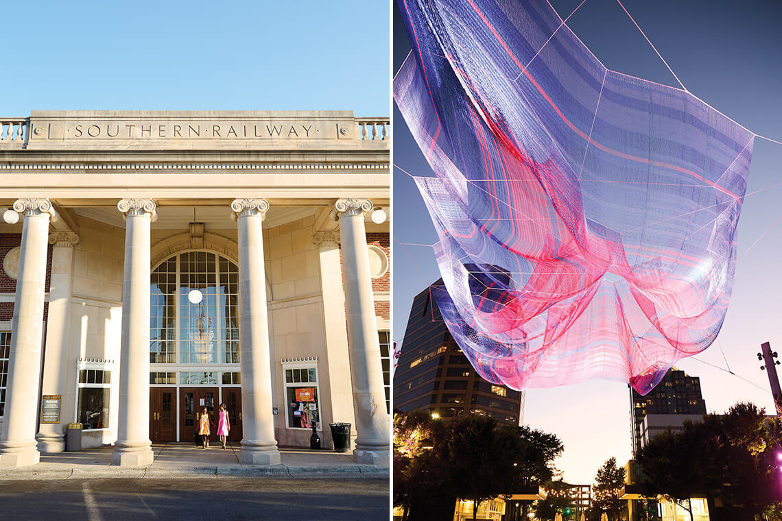 Southern Railway entrance and the Where We Met sculpture in LeBauer Park in Greensboro