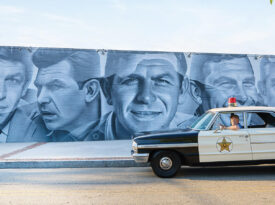 Vintage police squad car and Andy Griffith City mural in Mount Airy, NC