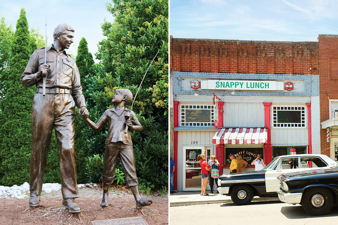 Statue of Andy and Opie Taylor and Snappy Lunch exterior in Mount Airy