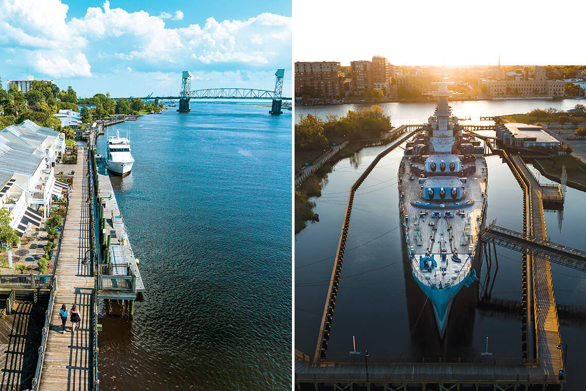 Wilmington Riverwalk and Battleship North Carolina in Wilmington