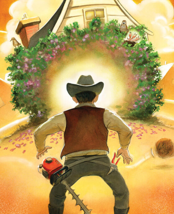 Illustration of our Ramblin' Man about to prune his yard hedges