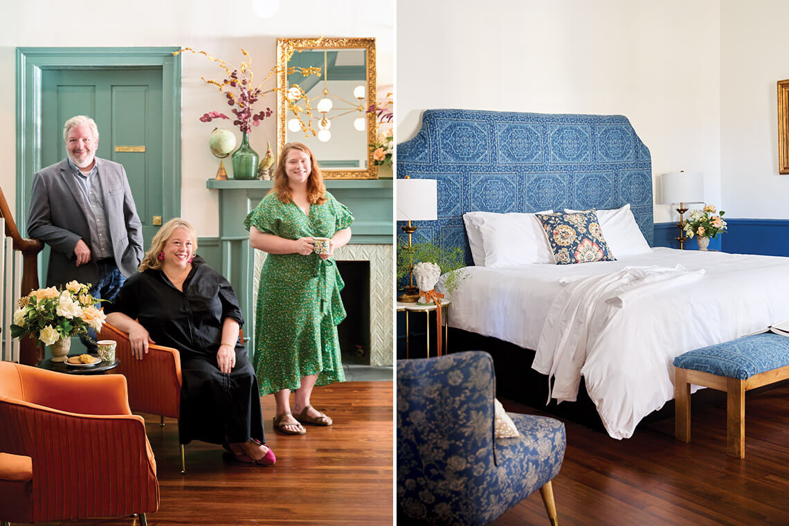 Innkeepers Seth, Heather, and Lynsie Stevens and guest room at the Opal and West House