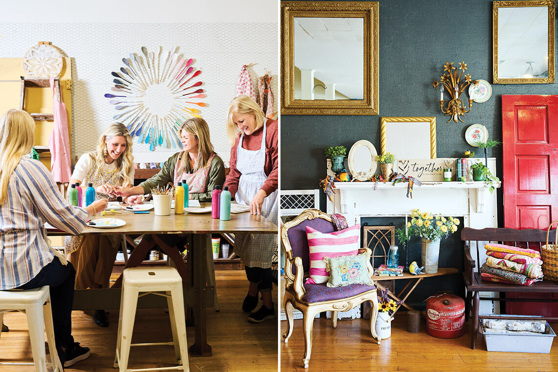 People participate in a DIY class at the WorkShop Vintage Market