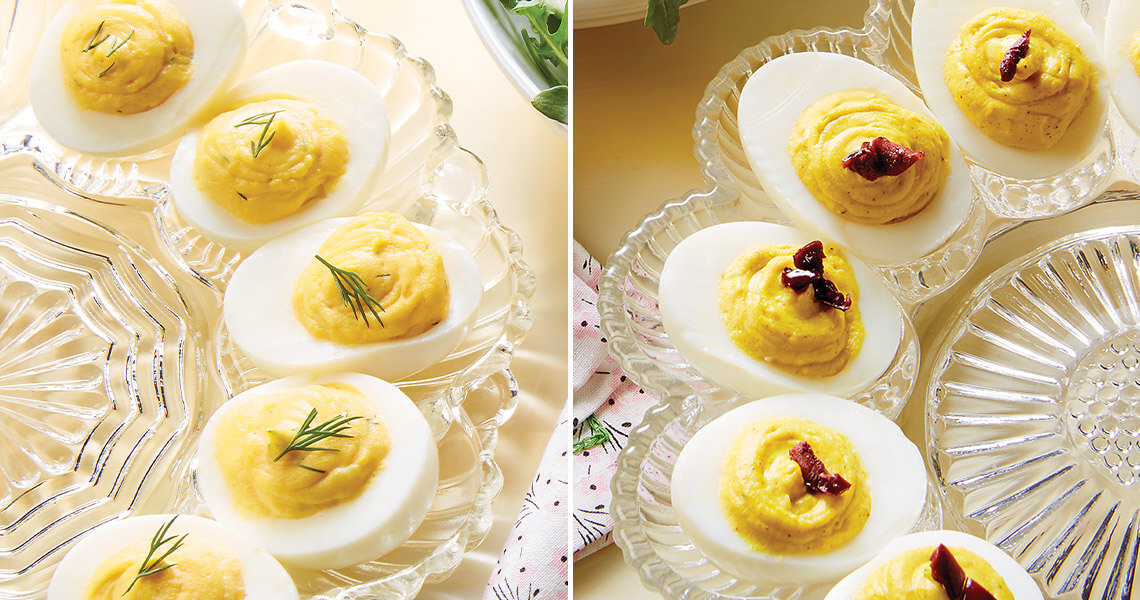 Dilly deviled eggs and curried deviled eggs