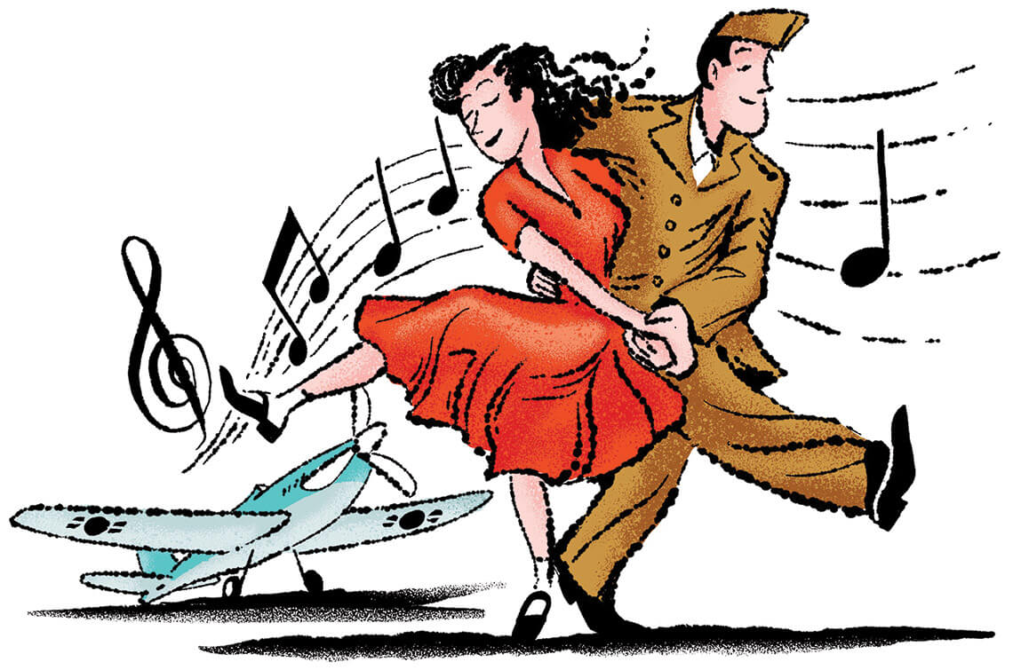 Illustration of couple at a 1940s Hangar Dance