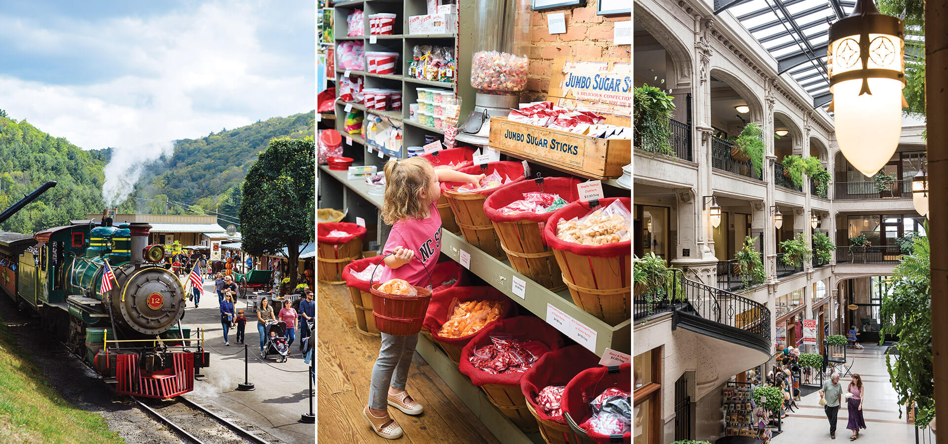 Tweetsie Railroad, Lexington's Candy Factory, and the Grove Arcade.