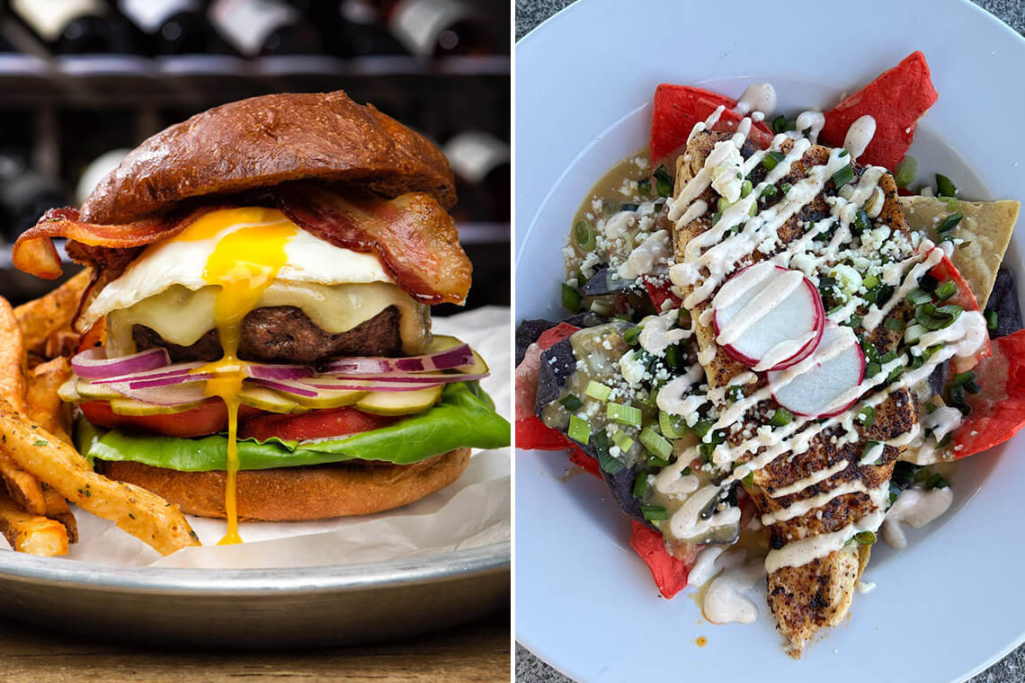 Farm Burgers and cilantro trout nachos at The Speckled Trout