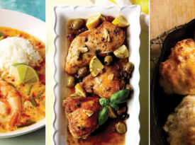 Shrimp with red curry sauce, lemon chicken, and butter swim biscuits