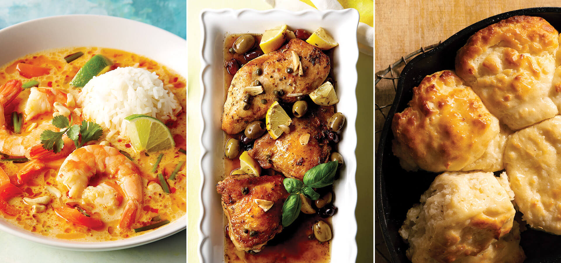 Shrimp with red curry sauce, lemon chicken, and butter swim biscuits