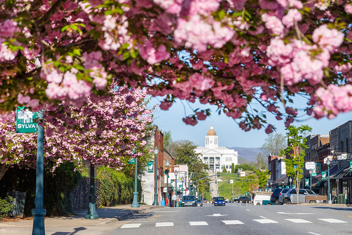 Mill Street and historic courthouse in downtown Sylva, NC