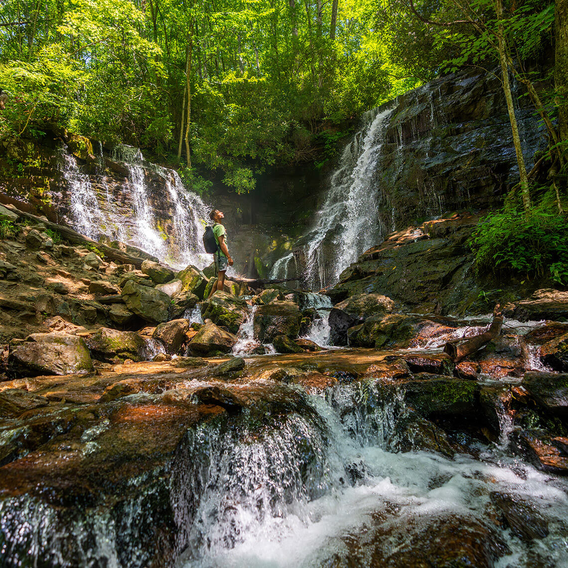 Hiker at Soco Falls near Cherokee, NC