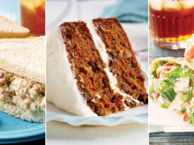 Chicken salad, carrot cake, and stuffed pita sandwiches