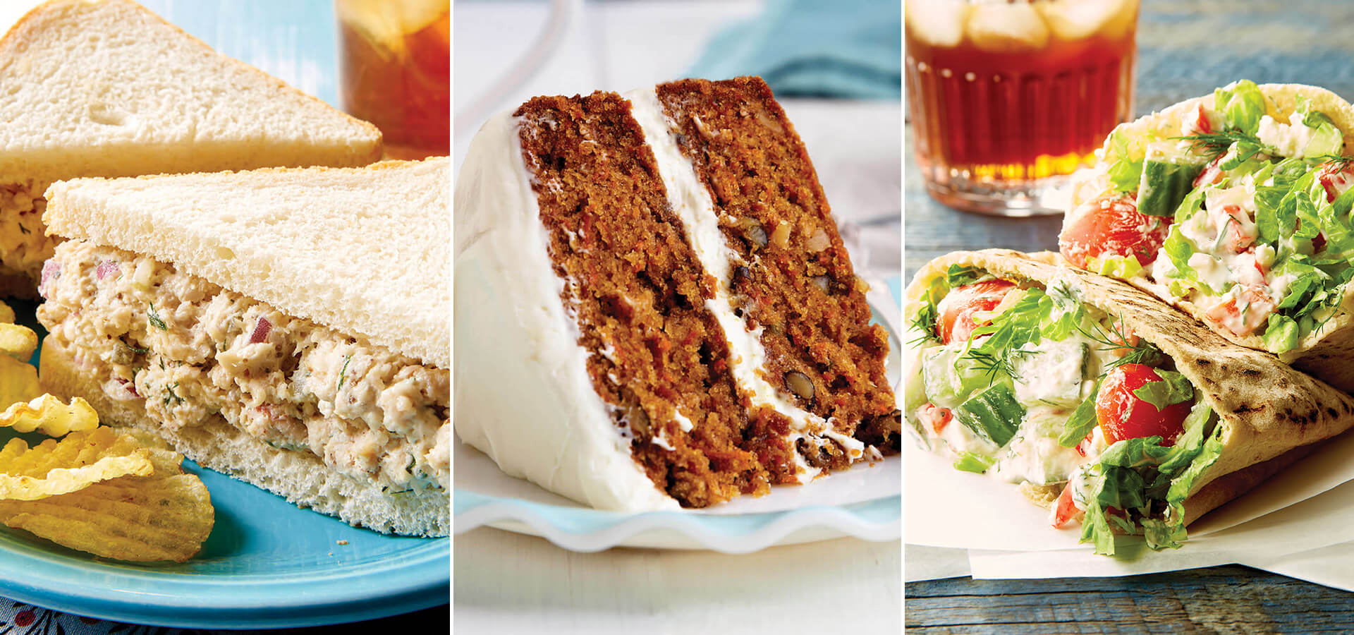 Chicken salad, carrot cake, and stuffed pita sandwiches