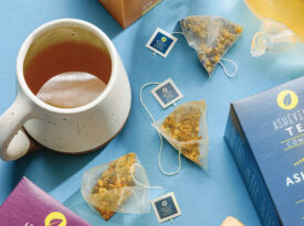 Assorted Asheville Tea Company flavors and steaming cups