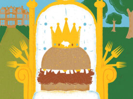 Illustration of pork sandwich on a throne