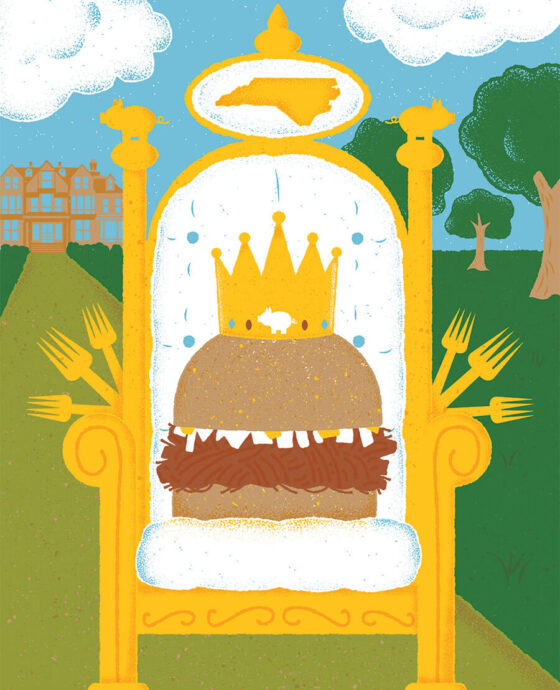Illustration of pork sandwich on a throne