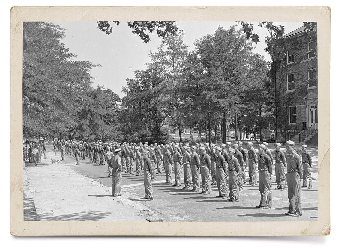 Old photograph of cadets training at the U.S. Navy pre-flight school in Chapel Hill