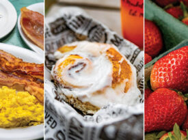 Country breakfast, cinnamon roll, and fresh strawberries from the State Farmers Market