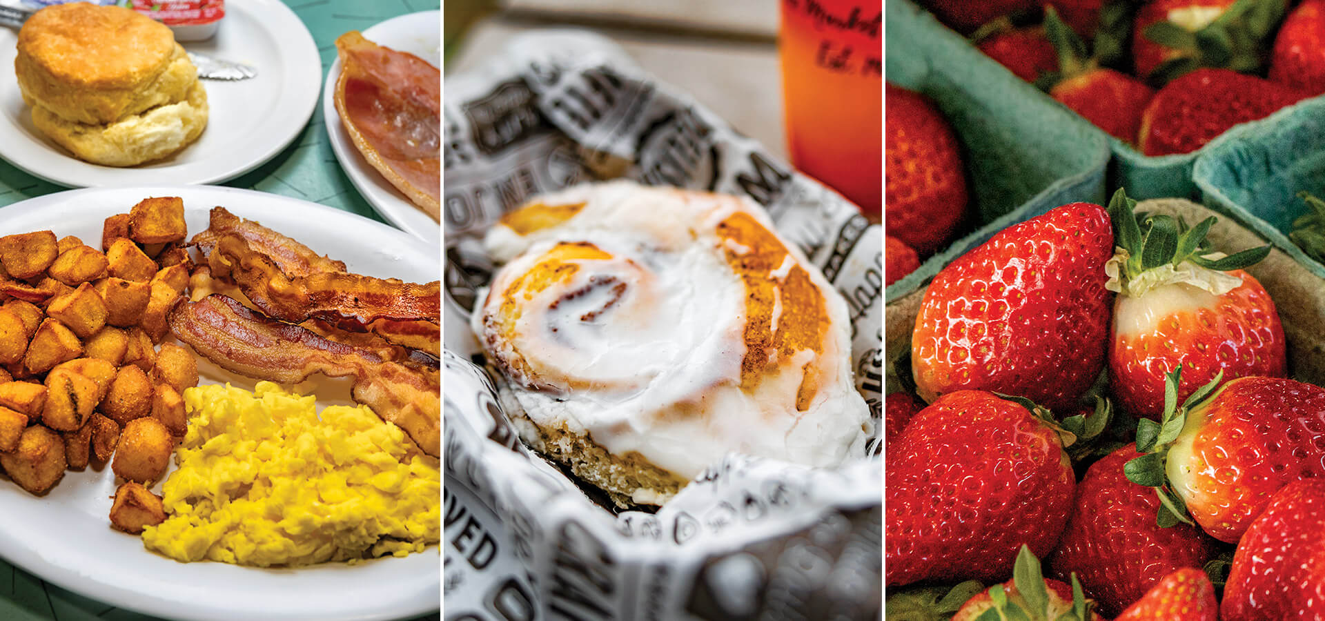 Country breakfast, cinnamon roll, and fresh strawberries from the State Farmers Market