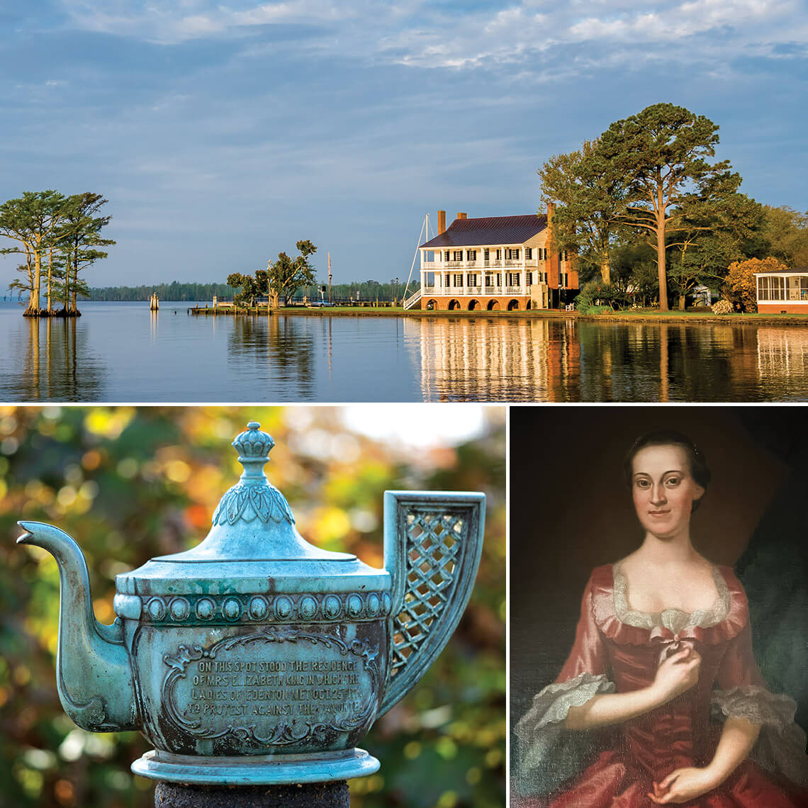Penelope Barker house, bronze Edenton tea pot, portrait of Penelope Barker