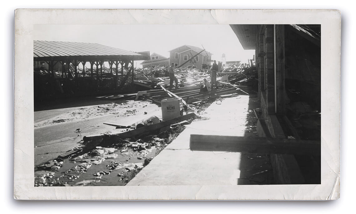 Black and white photo of Ocean Isle after Hurricane Hazel