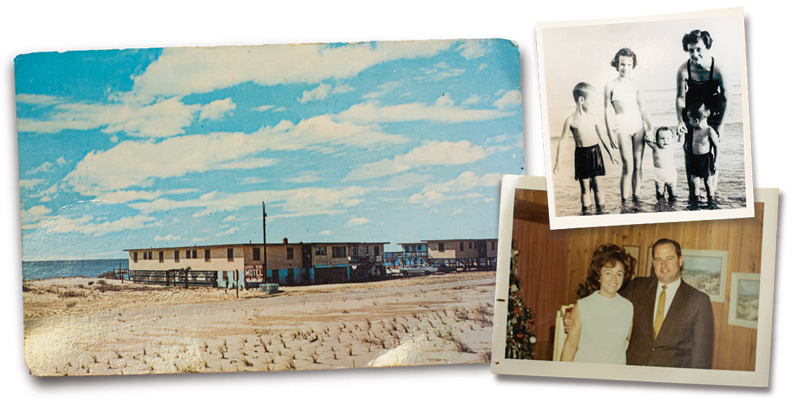 Postcard of Ocean Isle Motel, black and white photo of the Sloane children, and Rae and George Sloane in 1969