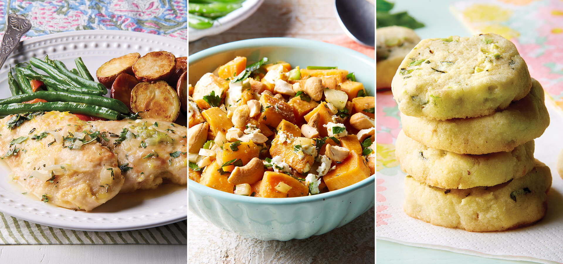 Ginnie's herb chicken, sweet potato and parsley salad, herb cookies