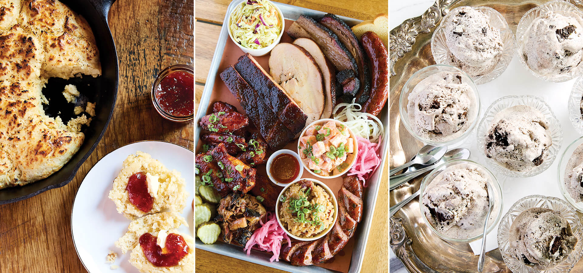Maw Maw's Drop biscuits, smoked meats from Prime Barbecue, Cookies and Cream ice cream from Louie and Honey