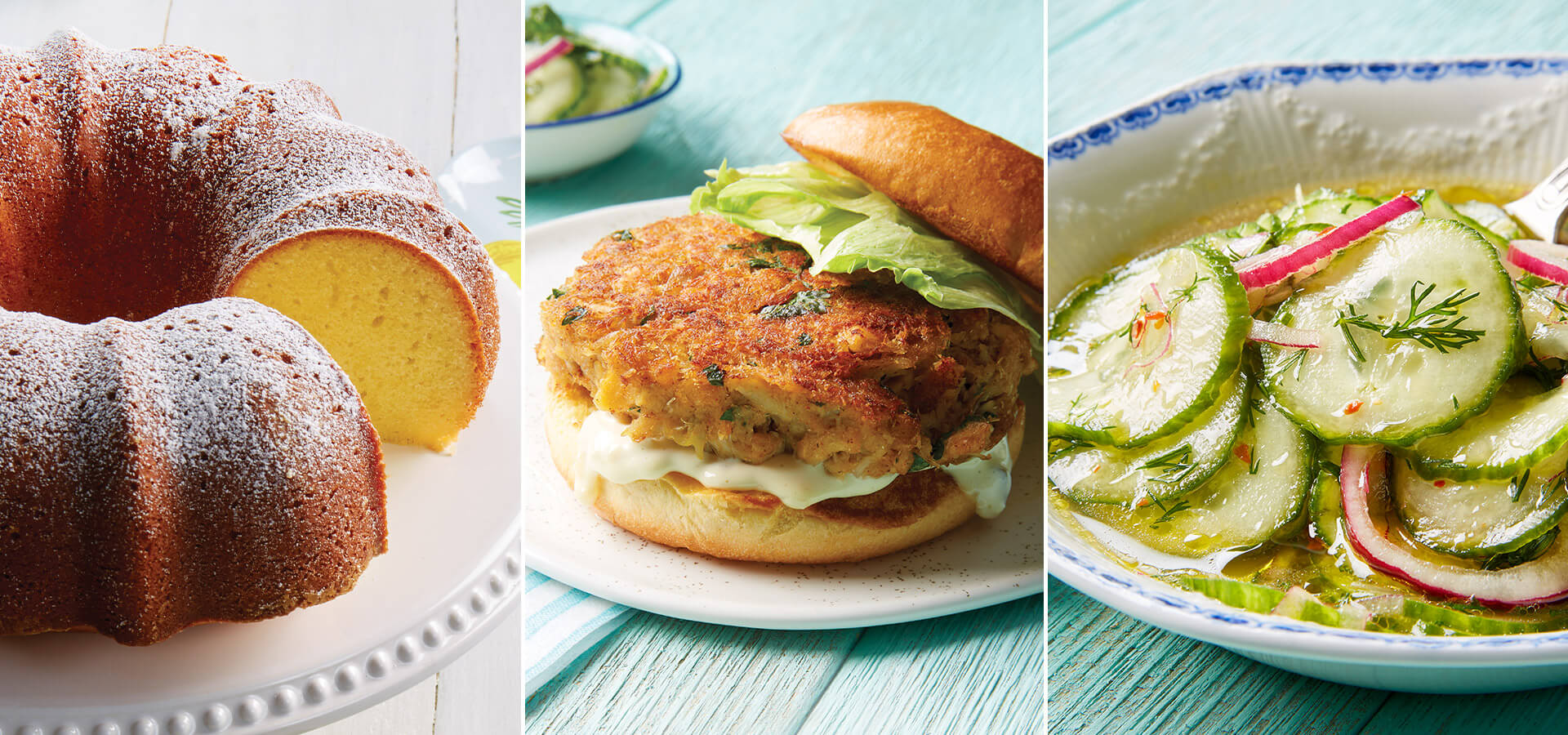 Pound cake, crab cake burger, and chilled cucumber and herb salad