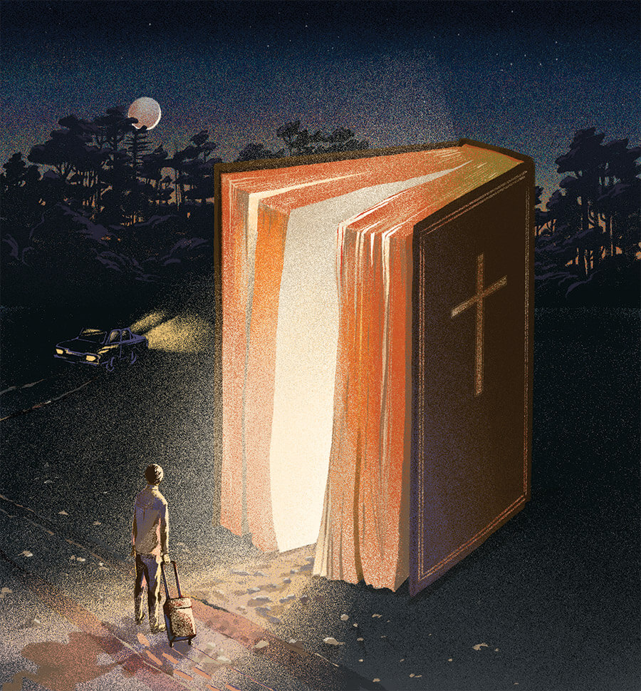 Illustration of man looking into a giant illuminated Bible