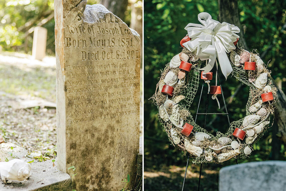 Headstones and wreaths at the cemetery on Shackleford Banks