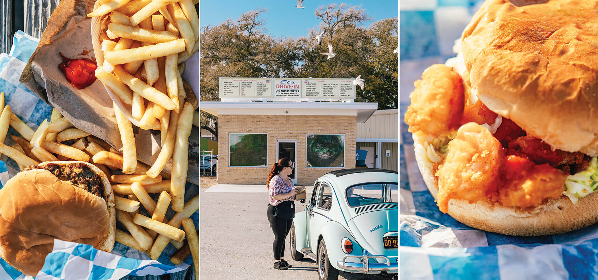 Shrimpburger and fries, El's Drive In, Shrimpburger