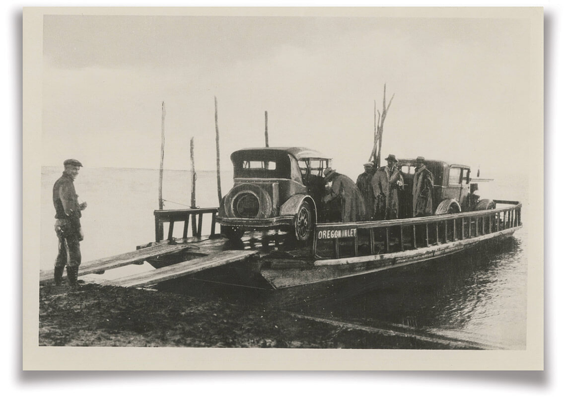 Black-and-white photo of visitors crossing the Oregon Inlet aboard a ferry