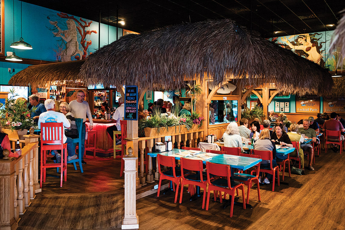 Tiki-themed dining room at Michael's Seafood